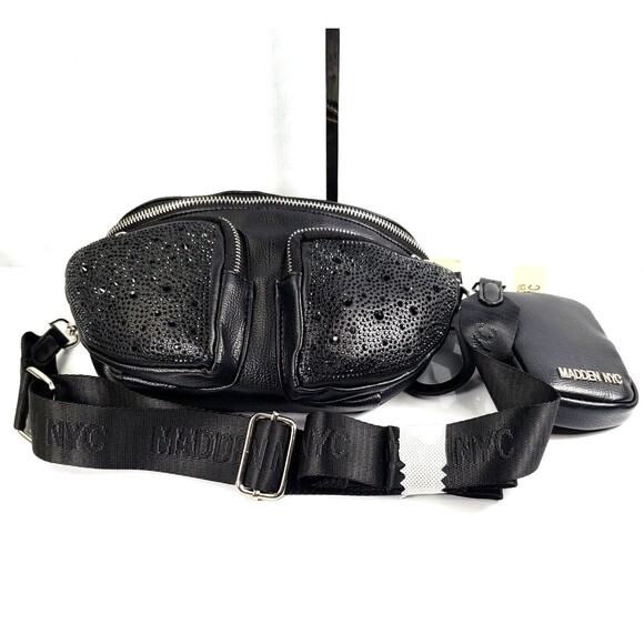 Madden NYC Womens Embellished Multi Pocket Fannypack Crossbody W/Pouch Black New - Picture 8 of 14
